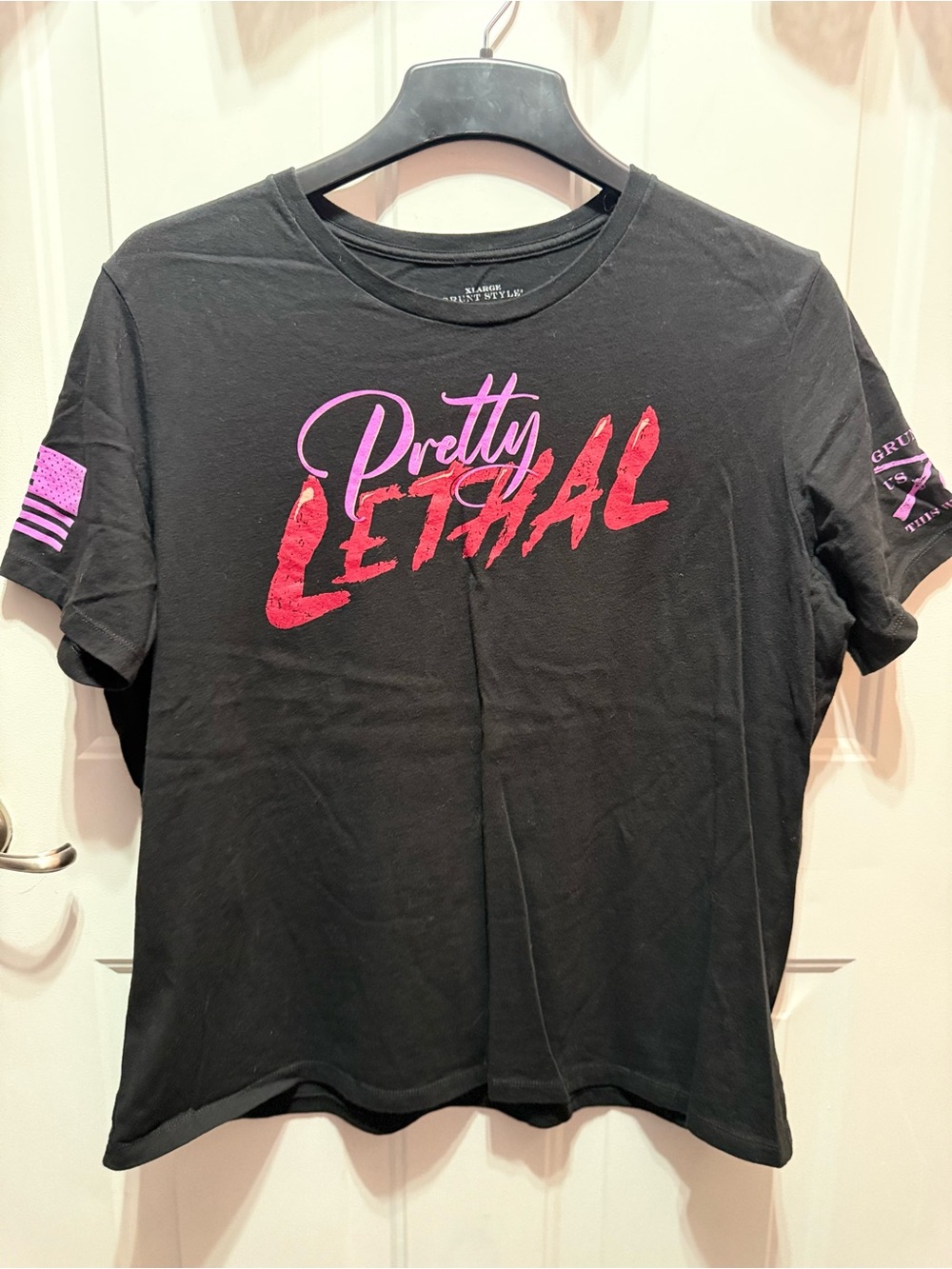Grunt Style Pretty Lethal Black Tee with Pink and Red Script Size XL